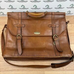 Vintage Brown Leather Briefcase Messenger Bag Large Satchel Plaid Lining 17"